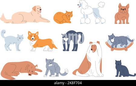 Lustige Haustiere Vektor-Set. Malen niedlichen Hund, verschiedene Katzen in Posen. Tierschlaf und Action, Welpenspiel. Kicky Cartoon pelzigen Kätzchen, Vektor Doodle Tiere Stock Vektor
