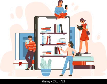 Konzept der digitalen Bibliothek. Studenten online Bücher lesen. Sprachkurs, Lesedateien für Medien. Jugendliche lernen, lesen ebook shässlich Vektor Stock Vektor