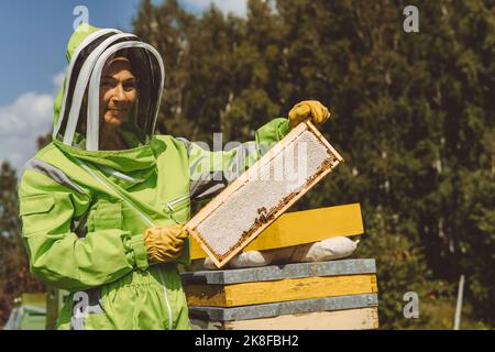 Lächelnder Imker hält Bienenstock an sonnigen Tagen Stockfoto