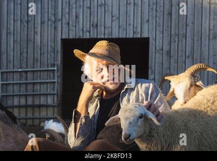 Glücklicher älterer Mann, der inmitten von Schafen auf dem Bauernhof sitzt Stockfoto