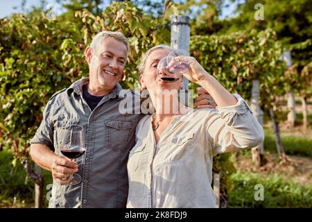 Lächelnder reifer Mann, der Weinglas in der Hand hält und die Frau beim Weintrinken vor dem Weinberg anschaut Stockfoto