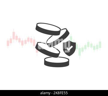 Stapel fliegender Münzen mit Trading Chart im Financial Concepts Logo Design. Wachstum, Abschirmung und Checkmark von Finanzinvestitionsunternehmen. Stock Vektor