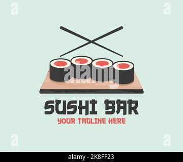 Konzeptdesign des Sushi-Bar-Restaurants mit Einladung. Logo des Sushi-Restaurants im Firmenstil. Vorlage für Sushi-Restaurant, Café, Lieferung. Stock Vektor
