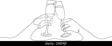 Eine Linie Sektgläser klinken. Geburtstag oder Neujahr, Kunst fröhlich Sekt Glas. Prost, Hand halten Feiertagsgetränke, kontinuierliche Linie ordentlich Stock Vektor