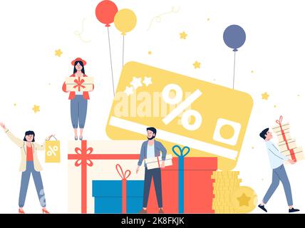 Kundengeschenk kostenlos und Treueprogramm Konzept. Geschenke und Belohnungen für Kunden, Menschen auf Rabatte und Verkauf. Shop Promoter, kürzlich überweister Service Stock Vektor