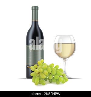 Illustration von Wein und Trauben isoliert auf weißem Hintergrund Stock Vektor