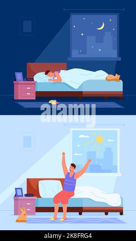 Schlafender, wachender Mann. Aufwachen gähnend auf dem Bett von frischen frühen Morgen, Start Tag Sonnenaufgangsstrahlen, gesunde Schlaf Traumnacht im Schlafzimmer zu Hause, Erwachen Stretching Vektor-Illustration des Menschen im Bett gähnend Stock Vektor