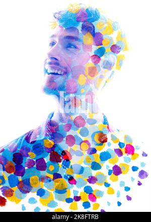 Paintographie Porträt kombiniert mit einem abstrakten Gemälde. Stockfoto