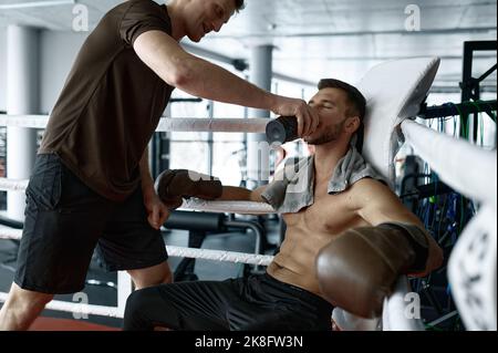 Trainer erfrischender junger Boxer in der Ringecke Stockfoto