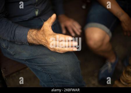 Old mans Hand. Haarige Hand. Haare auf der Haut. Männliche Extremität. Körperdetails. Stockfoto