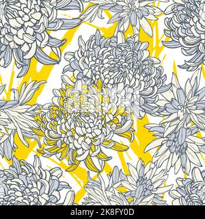 Florales Nahtmuster mit grau-gelben Chrysanthemen. Handgezeichnet mit Stift- und Tintendesign. Vektorgrafik auf weißem Hintergrund. Stock Vektor