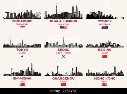 Asiatische Städte Skylines Silhouetten Vektorset Stock Vektor