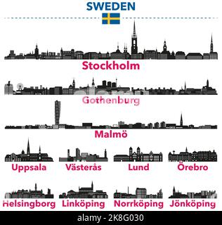 Schweden Städte Skylines Silhouetten Vektorset Stock Vektor