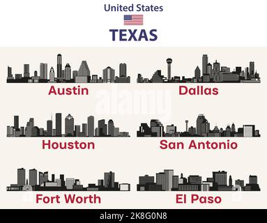 Texas Cities Skylines Silhouetten Vektorset Stock Vektor