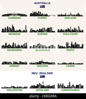 Australische und neuseeländische Städte Skylines Silhouetten Vektorset Stock Vektor
