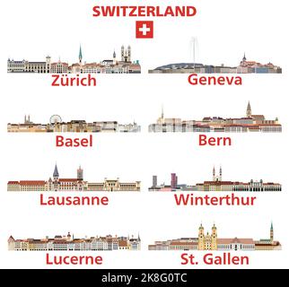 Schweiz Städte Skylines Vektor Illustrationen Set Stock Vektor