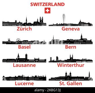 Schweiz Städte Skylines Silhouetten Vektor gesetzt Stock Vektor