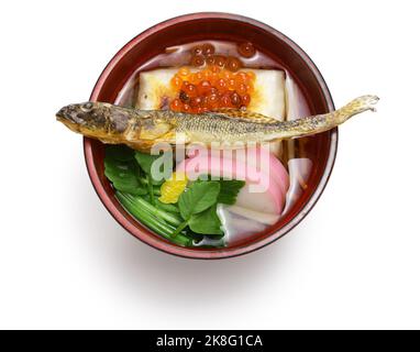 Sendai Zoni; Zoni ist eine spezielle Suppe mit Mochi (Reiskuchen), die die Japaner am Neujahrstag essen. Dies ist zoni aus der Sendai Region, die g Stockfoto