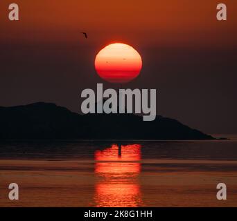 Sonnenaufgang über dem Leuchtturm der Trial Islands in der Juan de Fuca Strait in der Nähe von Victoria, British Columbia, Kanada. Stockfoto