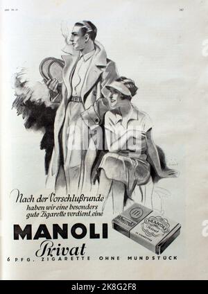 Anzeige der Manoli Zigarettenfabrik Berlin aus dem Jahr 1933 für Zigaretten der Marke 'Manoli privat', die „Meisterzigarette ohne Mundstück“, gestaltet von Jupp Wiertz (1888-1939). Werbespot der Zigarettenfabrik Manoli, Berlin von 1933 für ihre Marke „Manoli privat“, entworfen von Jupp Wiertz (1888-1939) Stockfoto