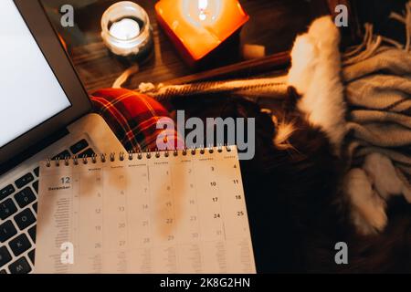 Planner Seite bei Laptop. Kerzen Dekoration, schlafende Katze. Neujahr Vorbereitung Konzept. Planung des neuen Jahres. Dezember Monat Daten in der Nacht Abend Stockfoto