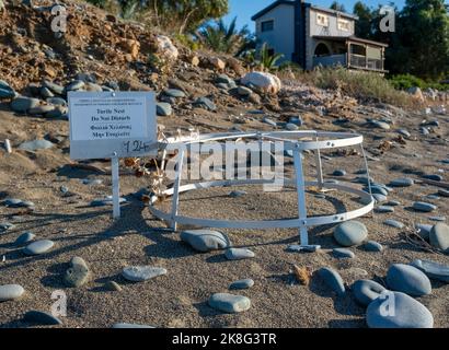 Geschütztes Schildkrötennest-Gelände am Strand von Argaka, Republik Zypern. Stockfoto