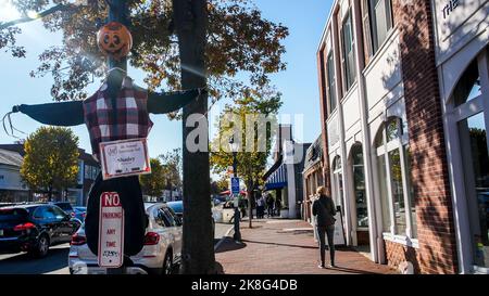 NEW CANAAN, CT, USA - 22. OKTOBER 2022: Elm Street mit Halloween Deko vom 6. Scarecrow fest Stockfoto