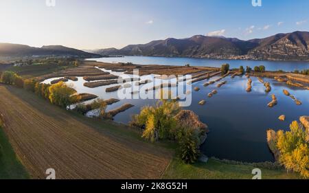 Panoramablick auf das Naturschutzgebiet der Torfmooren des Sees Iseo, Franciacorta, Lombardei, Italien Stockfoto