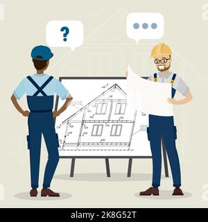 Zwei Personen- Arbeiter und Architekt sprechen, Vorstand mit Hausplan oder Plan auf Hintergrund. Cartoon männliche Figuren. Flache Vektorgrafik Stock Vektor