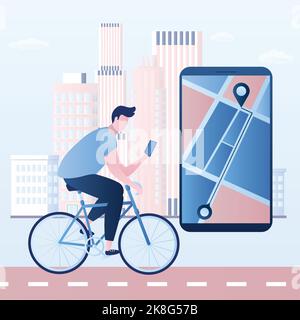 Mann, der ein Fahrrad und ein großes Smartphone fährt. Radfahrer-Navigations-App mit Karte und Positionsnadeln. Tracking mobile Anwendung Konzept.Urban Landschaft auf Bac Stock Vektor