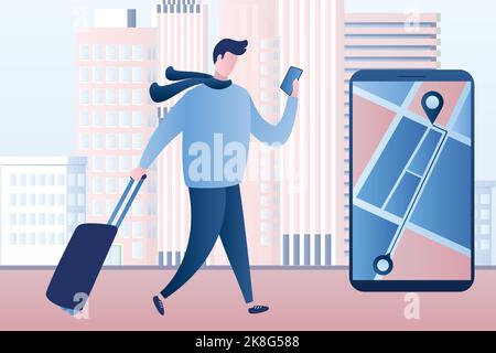 Hübscher Tourist mit Gepäck und großem Smartphone. Reise-Navigation-App mit Karte und Positionsnadeln. Verfolgung des mobilen Anwendungskonzepts. Männliches Zeichen Stock Vektor