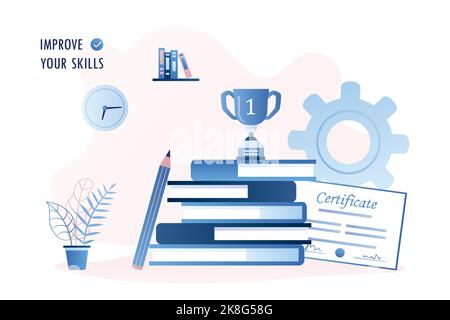 Stapel von Büchern und Siegerpokal auf der Oberseite. Konzept zur Verbesserung von Bildung und Fähigkeiten. Großer Bleistift und Zertifikat nach dem Training Kurse, trendy Stil Vektor i Stock Vektor