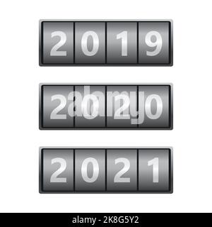 Kalendersatz mit den Jahren 2019, 2020, 2021. Flip Board Countdown-Timer mit Jahreszahl. Happy New Year Konzept. Realistische Jahresanzeige. Vektor Stock Vektor