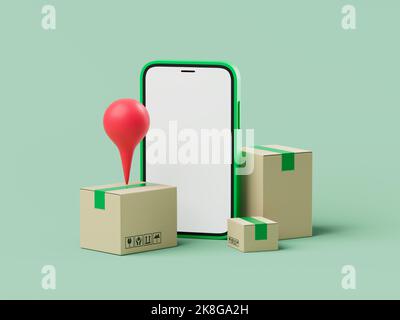 Einfache Cartoon-Smartphone, das die Position des Paketes mit Pin auf Box verfolgt 3D Rendern Abbildung. Isoliertes Objekt auf pastellfarbenem Hintergrund Stockfoto