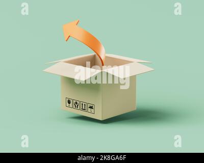 Einfache Cartoon-Lieferbox mit einem gelben Pfeil, der von innen nach außen zeigt 3D Render-Illustration. Isoliertes Objekt auf pastellfarbenem Hintergrund. Stockfoto
