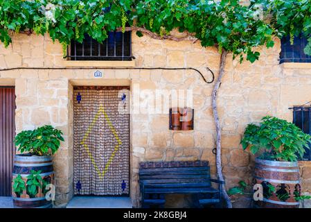 Traditionelles Haus mit einer Weinrebe an der Fassade. Straße von Sajazarra. Mittelalterliches Dorf in La Rja Alta. Sajazarra, La Rja, Spanien, Europa Stockfoto
