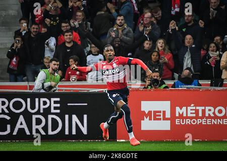 Alexsandro VICTOR DE SOUZA RIBEIRO aus Lille feiert sein Tor während des französischen Fußballspiels Ligue 1 zwischen LOSC Lille und AS Monaco am 23. Oktober 2022 im Pierre Mauroy-Stadion in Villeneuve-d'Ascq bei Lille, Frankreich - Foto Matthieu Mirville / DPPI Stockfoto