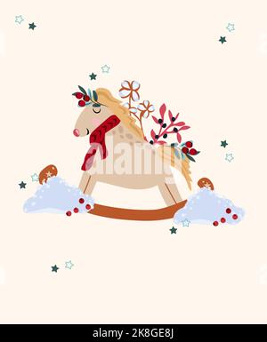Winterkarten mit Schaukelpferd im Vintage-Stil, Beerenzweige, Baumwolle. Konzept Weihnachten und Neujahr. Perfekt für Grußkarten, Poster, Postkarten, Banner. Vektor. Stock Vektor