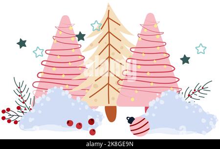 Winterkarte mit buntem Weihnachtsbaum, Schneehäfen, Kiefernästen und anderen. Konzept Weihnachten und Neujahr. Perfekt für Grußkarten, Poster, Postkarten, Banner. Vektor. Stock Vektor