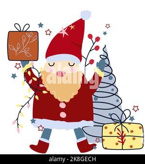 Glücklicher Weihnachtsmann mit Geschenk, Weihnachtsbaum, Girlande. Lustige Zeichentrickfigur. Konzept Weihnachten und Neujahr. Perfekt für Grußkarten, Poster, Postkarten, Banner. Vektor. Stock Vektor