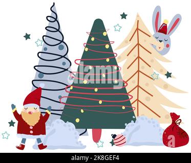 Winterkarten mit bunten Weihnachtsbäumen, niedlichen Weihnachtsmann, Haufen Schnee, Kiefernzweige, eine Tasche mit Geschenken und andere. Konzept Weihnachten und Neujahr. Perfekt für Grußkarten, Poster, Postkarten Stock Vektor