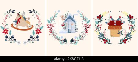 Winterkarte, Haus zwischen Schneehäfen, Weihnachtsmann in den Kamin, Schaukelpferd im Vintage-Stil, Winterkranz, Kiefernzweige, bunte Blätter. Konzept Weihnachten und Neujahr Stock Vektor