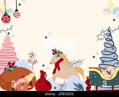 Winterkarte mit schlafenden Hirschen, schaukelndem Pferd im Schal, Weihnachtsbaum, Schneehaufeln und anderem. Konzept Weihnachten und Neujahr. Vektorgrafik. Stock Vektor