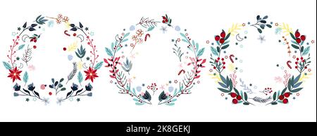 Helle Weihnachtskranz, bunte Blumen, Süßigkeiten, Kiefer Zweig, Kiefer Kegel, Kugeln. Konzept Weihnachten und Neujahr. Perfekt für Grußkarten, Poster, Postkarten, Banner. Vektor. Stock Vektor