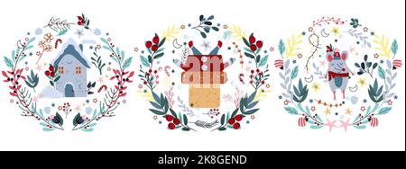 Weihnachtlicher heller Kranz mit dem Weihnachtsmann, der in den Kamin kletterte, schneebedecktes Haus, lustige Maus in einem Schal. Konzept Weihnachten und Neujahr. Vektor. Stock Vektor