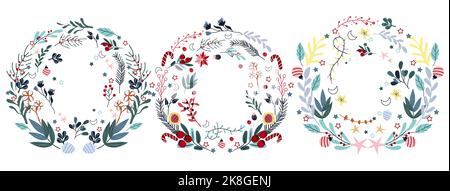 Helle Weihnachtskranz, bunte Blumen, Süßigkeiten, Kiefer Zweig, Kiefer Kegel, Kugeln. Konzept Weihnachten und Neujahr. Perfekt für Grußkarten, Poster, Postkarten, Banner. Vektor. Stock Vektor