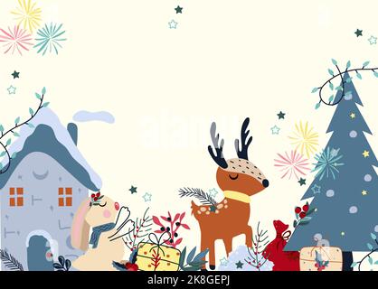 Winterkarte mit lustigen Hirschen, niedlichem Kaninchen im Schal, Weihnachtsbaum, jede Menge Geschenk und andere. Zauberbanner. Konzept Weihnachten und Neujahr. Vektorgrafik. Stock Vektor