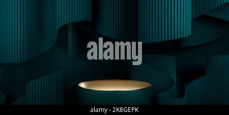 Podium mit Szenengeometrie für die Produktanzeige. Abstrakter gewellter Hintergrund. 3D Abbildung. Stockfoto