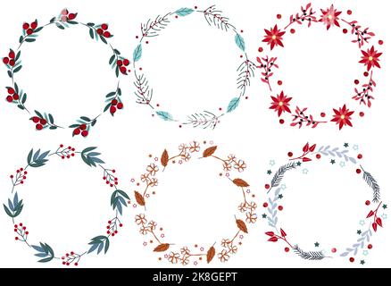 Heller Weihnachtskranz, Weihnachtssterne, bunte Blätter, Kiefernzweig, rote Beeren. Konzept Weihnachten und Neujahr. Perfekt für Grußkarten, Poster, Postkarten, Banner. Vektor. Stock Vektor