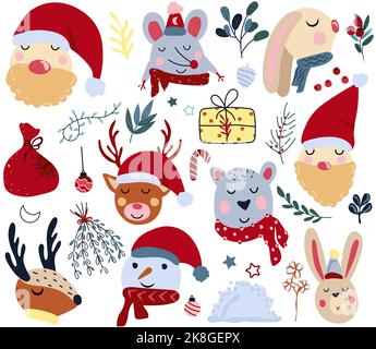 Wintertierkopf und Weihnachtsmann, niedlicher Eisbär im Schal, Hasenkopf, lustige Maus, bunte Blumen und Blätter. Magische Tiere. Konzept Weihnachten und Neujahr. Vektor. Stock Vektor